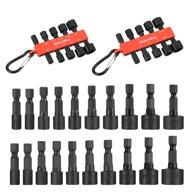 ValueMax 20 PCS Power Nut Driver Set for Impact Drill, 1/4    Hex Head Drill Bit Set SAE and Metric, 4-12mm and 5/32''-1/2'' Nut Drivers, Chrome Vanadium Steel - Image 1